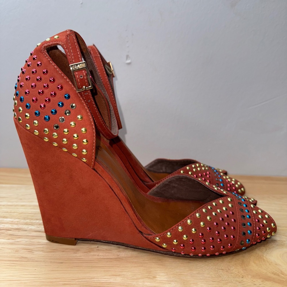 Schutz Burnt Orange Suede Studded Wedge Sandals Peep Toe Ankle Strap Size 9B